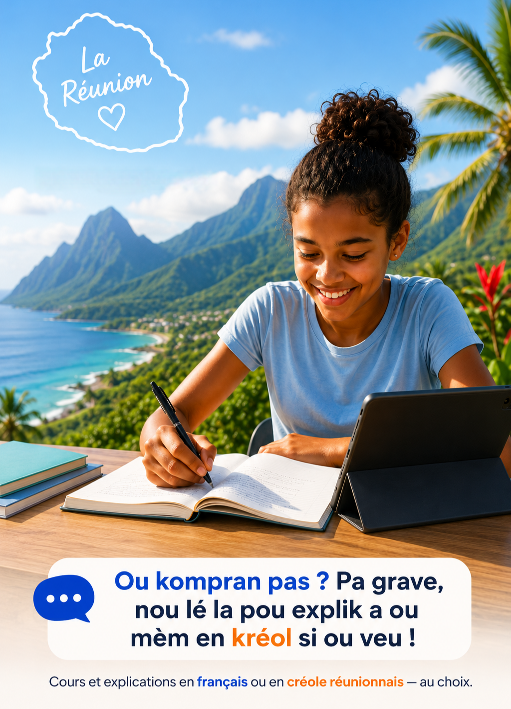 Élève réunionnaise face aux montagnes de La Réunion, avec la phrase « Ou kompran pas ? Pa grav, nou lé la pou explik a ou mèm en kréol si ou veu ! »